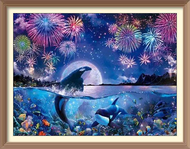 Whales under Firework Night - Diamond Paintings - Diamond Art - Paint With Diamonds - Legendary DIY - Best price - Premium - Free Shipping - Arts and Crafts
